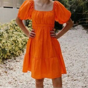 Sim and Sam Orange Puff Sleeve Poplin Dress Tiered Skirt Size M Resort Travel